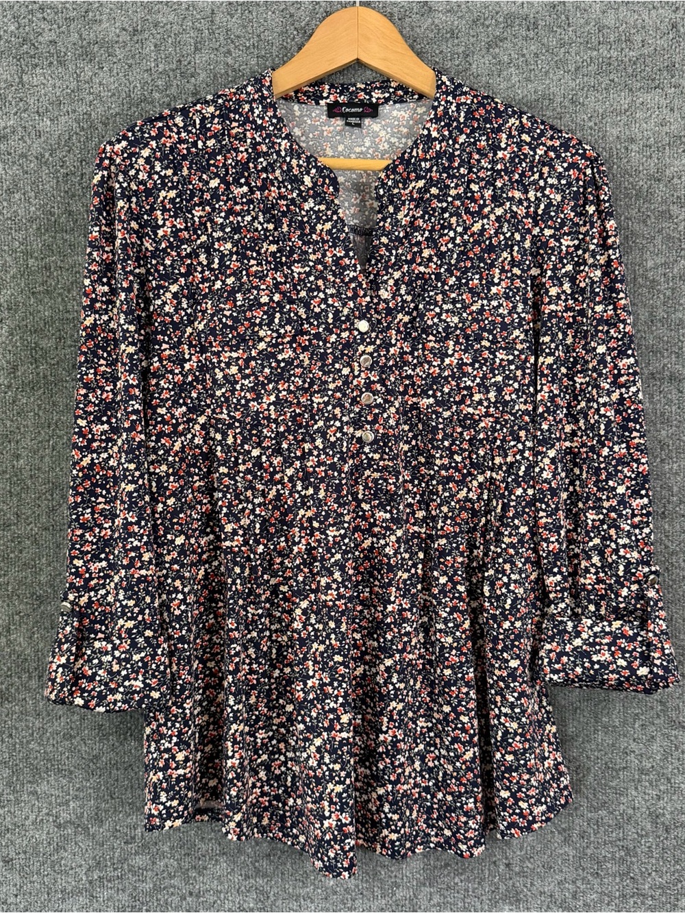 Cocomo Womens 3/4 Sleeve Ditsy Floral Top Large Navy Multicolor V Neck Office
